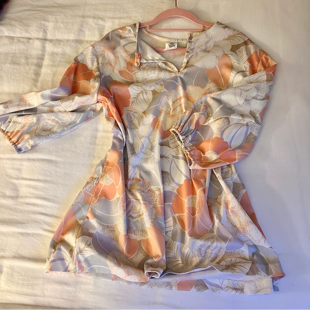 Vintage Pastel Floral Blue Orange White Blouse Top XL